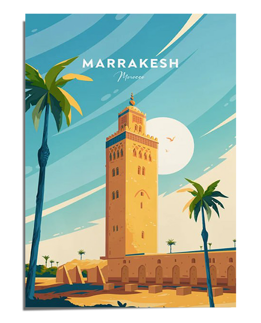 A stylized travel poster featuring the Koutoubia Mosque in Marrakesh, Morocco, with a vibrant, pastel sky in the background. Palm trees are on either side of the mosque, with the desert landscape in the distance.