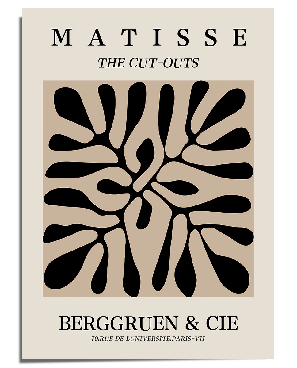 A modernist poster featuring black organic cut-out shapes symmetrically arranged on a beige background. The top section displays "Matisse The Cut-Outs" in a refined, minimalist font, while the bottom includes "Berggruen & Cie" and an address in Paris. The composition reflects Henri Matisse’s iconic cut-out technique, emphasizing fluidity and artistic expression.