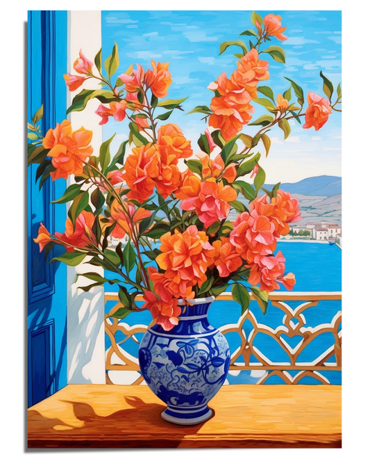 A colorful artwork depicting a Mediterranean-style balcony with a wooden table holding a blue and white ceramic vase filled with vibrant orange bougainvillea flowers. In the background, a blue sea extends toward distant hills, and a decorative balcony railing adds elegance to the scene. A partially open blue door frames the view, enhancing the bright and inviting atmosphere.