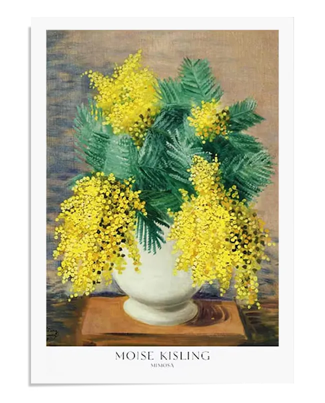 A still life painting featuring a bouquet of yellow mimosa flowers in full bloom, arranged in a white vase. The bright yellow flowers contrast with the green leaves and the soft background. The composition is detailed and vibrant, capturing the essence of spring and natural beauty.