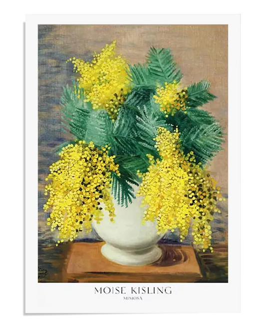 A still life painting featuring a bouquet of yellow mimosa flowers in full bloom, arranged in a white vase. The bright yellow flowers contrast with the green leaves and the soft background. The composition is detailed and vibrant, capturing the essence of spring and natural beauty.