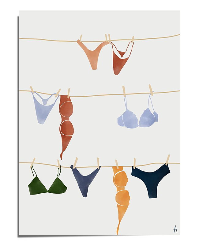 A soft, minimalist illustration of various lingerie pieces hanging on clotheslines against a light beige background. The bras, panties, and bodysuits are in warm earthy tones, muted blues, and deep greens, clipped to thin clotheslines with wooden clothespins. The delicate, watercolor-like style gives the artwork a gentle and relaxed feel, emphasizing femininity and simplicity.