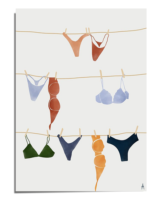 A soft, minimalist illustration of various lingerie pieces hanging on clotheslines against a light beige background. The bras, panties, and bodysuits are in warm earthy tones, muted blues, and deep greens, clipped to thin clotheslines with wooden clothespins. The delicate, watercolor-like style gives the artwork a gentle and relaxed feel, emphasizing femininity and simplicity.