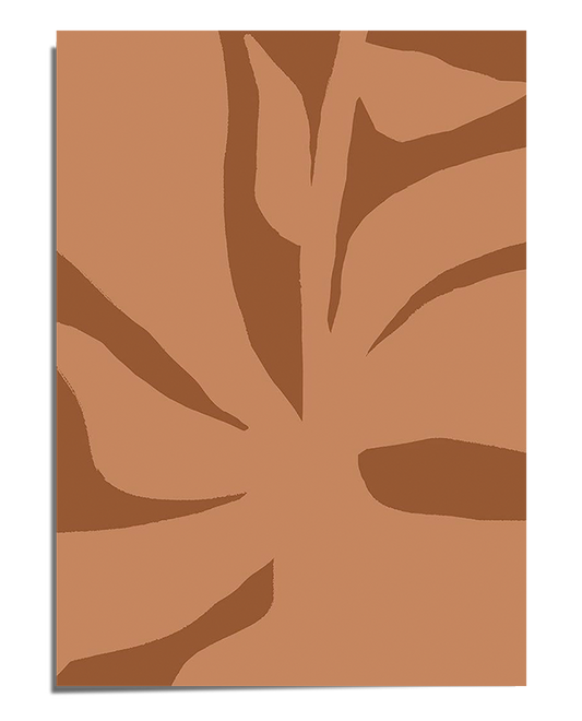 A subtle, abstract representation of a monstera leaf, depicted in warm brown and beige shades. The organic leaf shape is softly blended with a background of similar earthy tones, creating a minimalist and modern botanical composition. The design has a calming and neutral aesthetic, perfect for contemporary interiors.