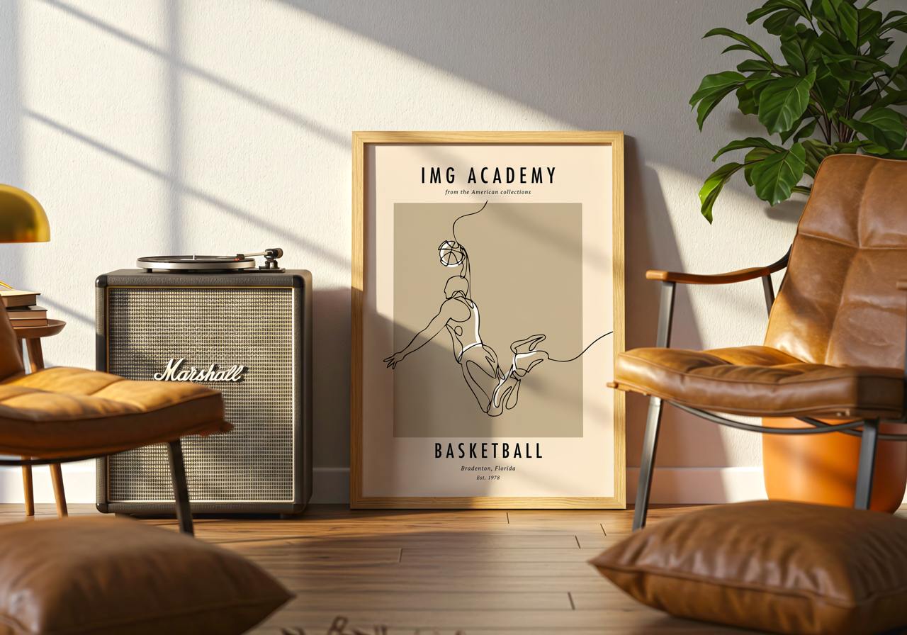 Framed artwork of a woman playing basketball in a living room with a Marshall amplifier and brown chair.