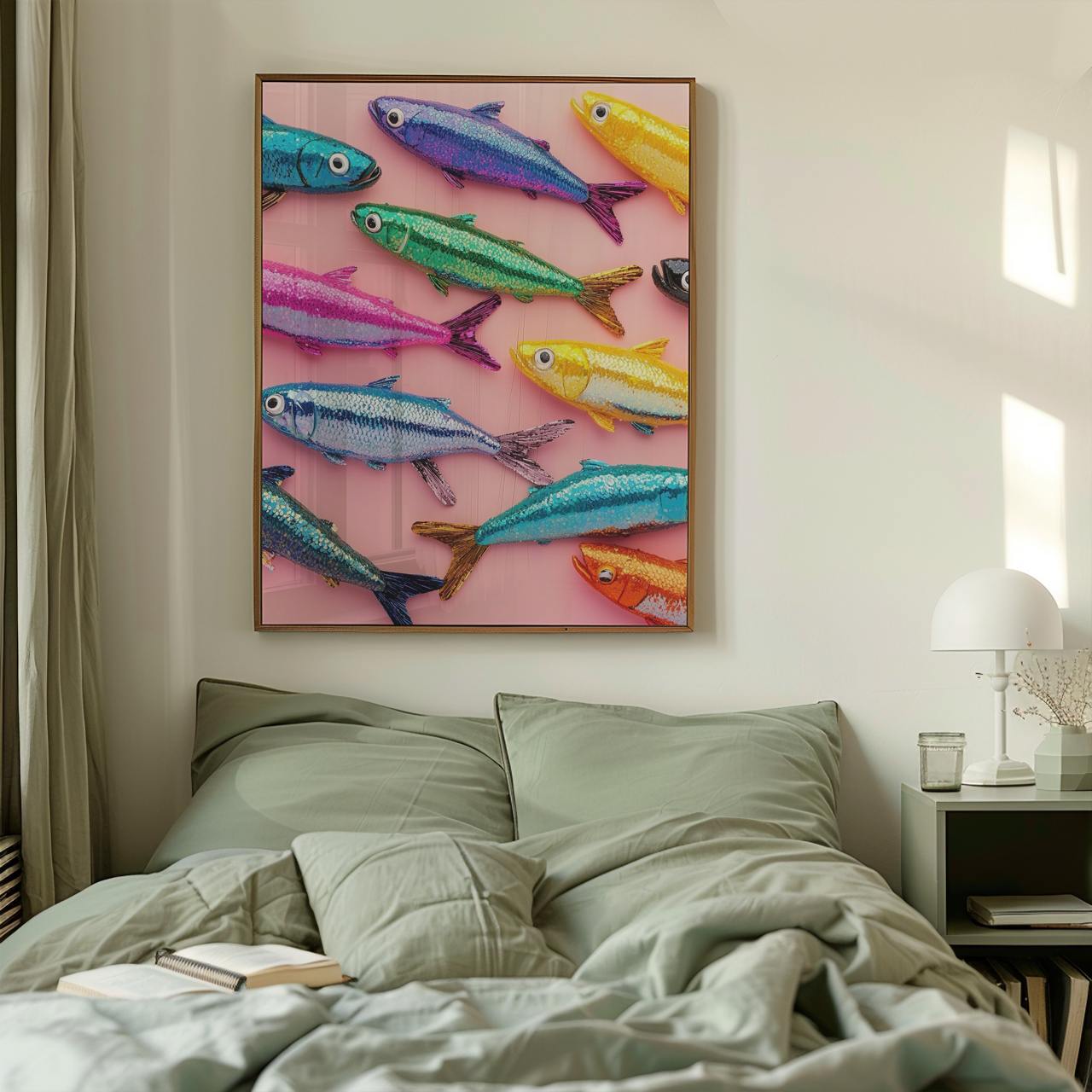 Colorful fish painting on a wall above a bed in a bedroom.