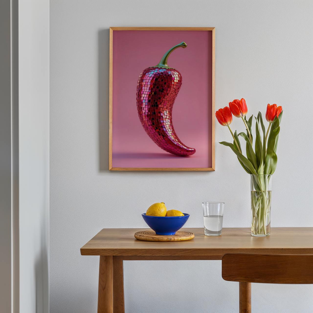 Framed artwork of a red pepper on a wall above a wooden table with a bowl, glass, and vase.