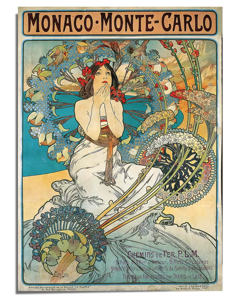A vintage Art Nouveau travel poster featuring a seated woman in a flowing white dress adorned with red flowers in her hair. She is surrounded by intricate floral and decorative patterns in soft pastel tones. The background features circular motifs and botanical elements, enhancing the elegant and dreamlike aesthetic. The title "Monaco Monte-Carlo" is prominently displayed at the top in bold lettering, evoking the charm and luxury of the French Riviera.