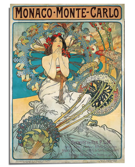 A vintage Art Nouveau travel poster featuring a seated woman in a flowing white dress adorned with red flowers in her hair. She is surrounded by intricate floral and decorative patterns in soft pastel tones. The background features circular motifs and botanical elements, enhancing the elegant and dreamlike aesthetic. The title "Monaco Monte-Carlo" is prominently displayed at the top in bold lettering, evoking the charm and luxury of the French Riviera.