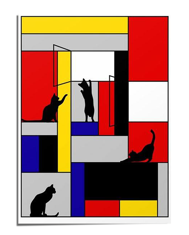 An abstract geometric art print featuring a Mondrian-style grid with red, blue, yellow, black, and white rectangles. Black cat silhouettes interact dynamically with the geometric elements, adding a playful and modern touch.