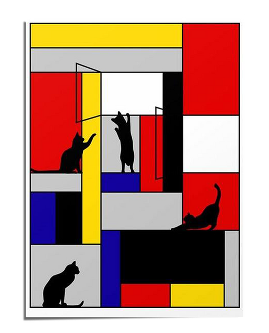 An abstract geometric art print featuring a Mondrian-style grid with red, blue, yellow, black, and white rectangles. Black cat silhouettes interact dynamically with the geometric elements, adding a playful and modern touch.