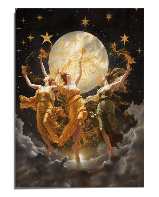 A captivating scene of three ethereal goddesses beneath a glowing golden moon, surrounded by stars and cosmic elements. Their flowing robes and celestial crowns evoke a serene and mystical atmosphere, perfect for those who appreciate spiritual and celestial art.
