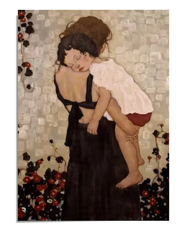 A figurative painting depicting a mother carrying her child on her back. The mother’s black dress contrasts with the child’s white shirt and red shorts. The child is resting peacefully, while the mother’s posture conveys care and protection. The background features floral motifs in soft tones, adding to the intimate and serene atmosphere of the scene.