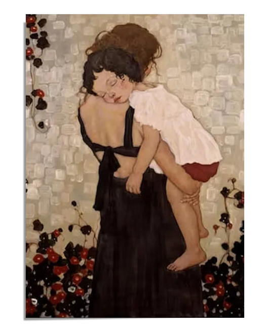 A figurative painting depicting a mother carrying her child on her back. The mother’s black dress contrasts with the child’s white shirt and red shorts. The child is resting peacefully, while the mother’s posture conveys care and protection. The background features floral motifs in soft tones, adding to the intimate and serene atmosphere of the scene.