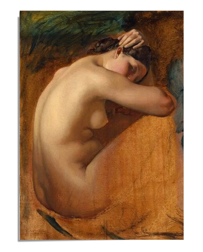 A finely detailed nude study painting featuring a woman sitting in a curled position with her head resting on her arm. The artwork showcases warm, earthy tones with delicate shading that highlights the softness of the figure’s skin. The composition exudes a serene and intimate atmosphere.