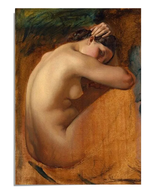 A finely detailed nude study painting featuring a woman sitting in a curled position with her head resting on her arm. The artwork showcases warm, earthy tones with delicate shading that highlights the softness of the figure’s skin. The composition exudes a serene and intimate atmosphere.