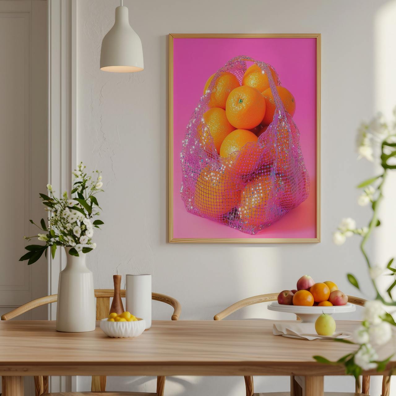 Dining room with a table, chairs, and a colorful fruit artwork on the wall.
