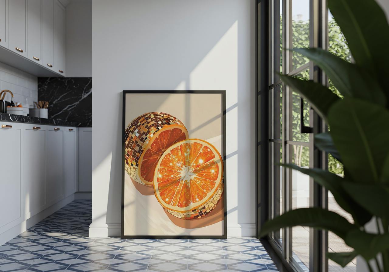 Framed artwork of oranges and a loaf of bread on a wall in a modern kitchen.