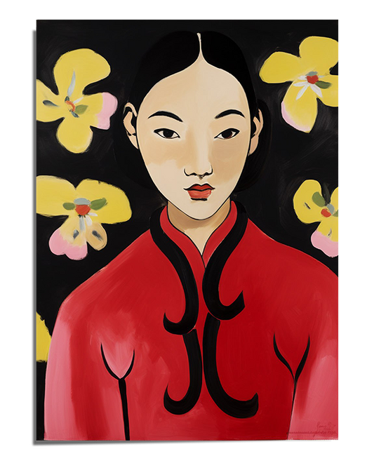 A modern portrait art print depicting a stylized Asian woman in a red traditional garment, set against a dark background with yellow floral details. The artwork features soft brushstrokes and a balanced color palette, creating an elegant and contemporary aesthetic.