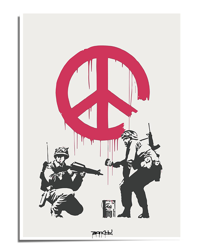A graffiti-style street art print featuring two armed soldiers facing each other beneath a dripping red peace symbol. The black-and-white stencil design contrasts sharply with the bold red paint, creating a striking visual statement.