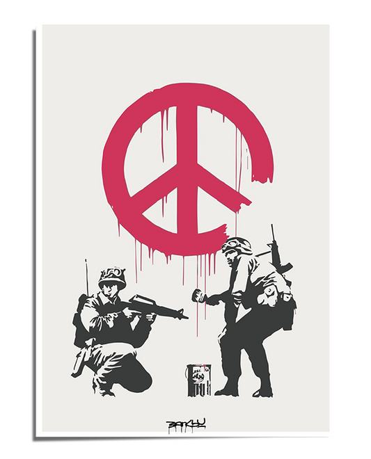 A graffiti-style street art print featuring two armed soldiers facing each other beneath a dripping red peace symbol. The black-and-white stencil design contrasts sharply with the bold red paint, creating a striking visual statement.