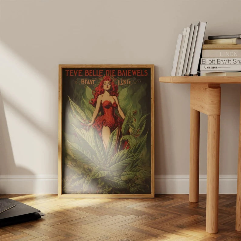 Vintage Cannabis Poster, Sexy girl vintage poster, Retro Weed Painting, Marihuana Wall Decor, 420 Collectible Art print, Marijuana Wall Art