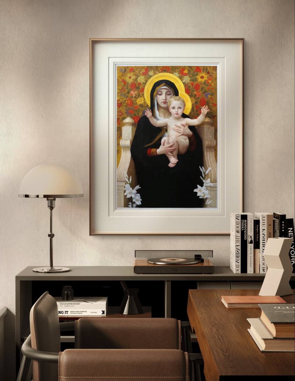 In this image, the "Madonna of the Lilies" print is framed and beautifully displayed in a modern interior. The golden accents and soft tones of the artwork contrast perfectly with the contemporary decor, making it a centerpiece for the room. This Printed Poster brings a sense of calm and grace to any space, be it a living room, bedroom, or study. The intricate details of the lilies and the delicate expressions of the figures make this reproduction a timeless piece of Wall Art, perfect for those who apprecia