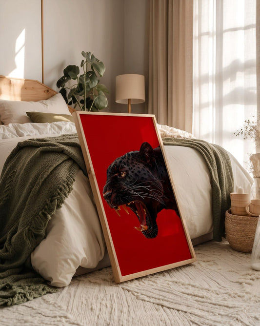 Fierce Black Panther Art Print | Red Wild Animal Wall Decor