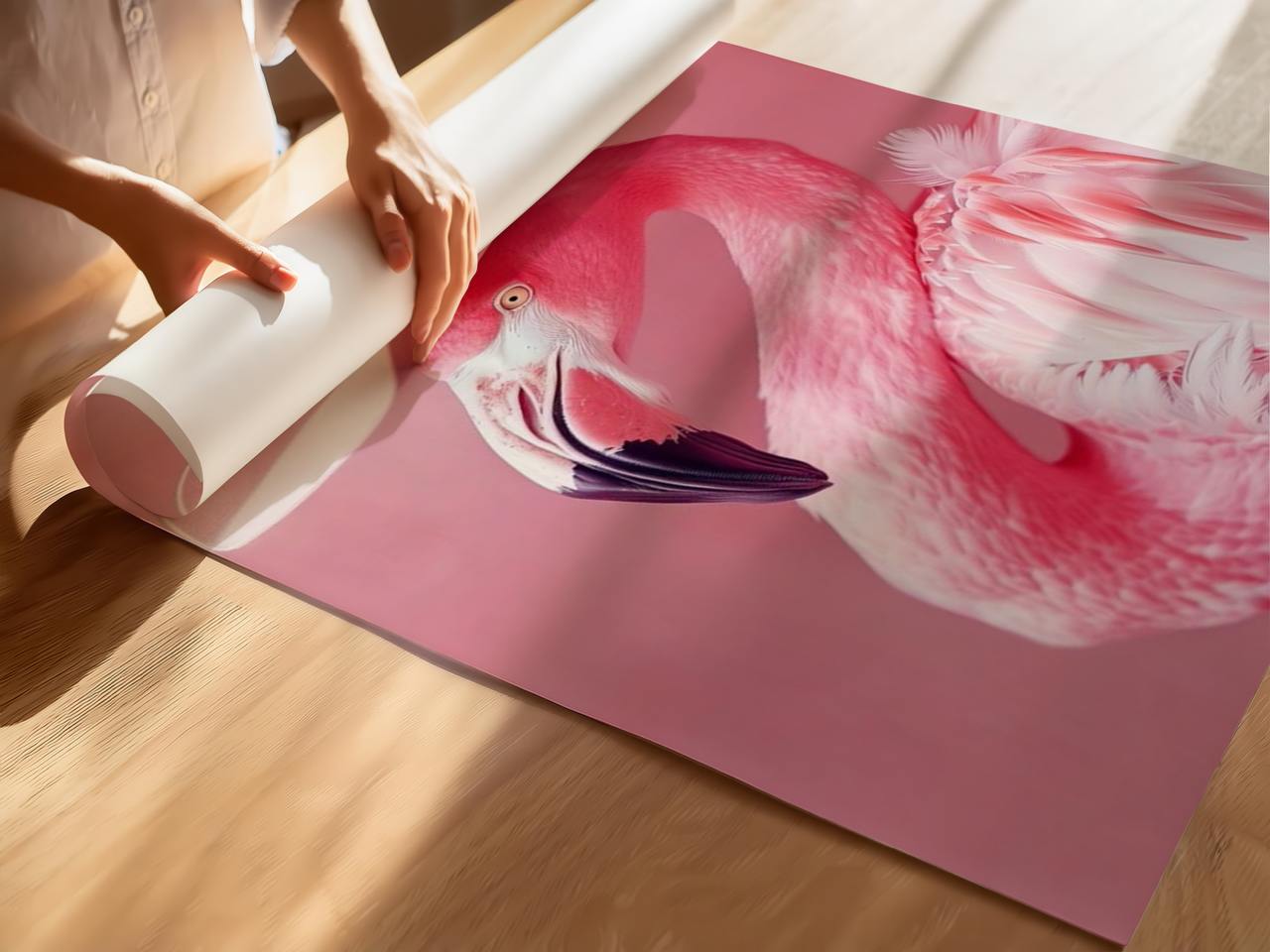 Person unrolling a pink flamingo poster on a wooden floor