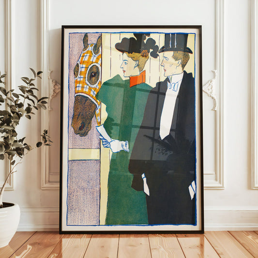 The artwork depicts a stylish couple in formal attire, along with the head of a horse, creating a scene that appears to be set at a horse race or equestrian event.