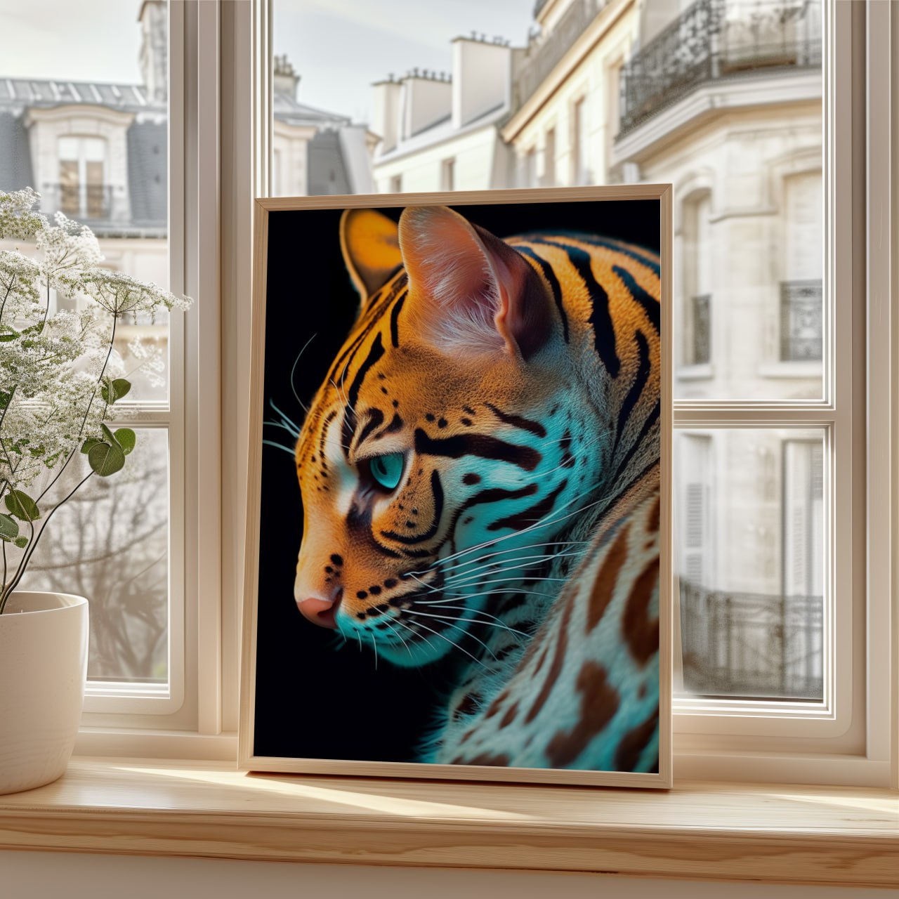 A striking, close-up portrait of a tiger's face in profile. The tiger's orange and black stripes are vivid, with its bright blue eye focused intently forward. Soft lighting highlights the fur details, giving a sense of depth and intensity. The background is dark, making the tiger's colors stand out boldly.
A striking, close-up portrait of a tiger's face in profile. The tiger's orange and black stripes are vivid, with its bright blue eye focused intently forward. Soft lighting highlights the fur detail