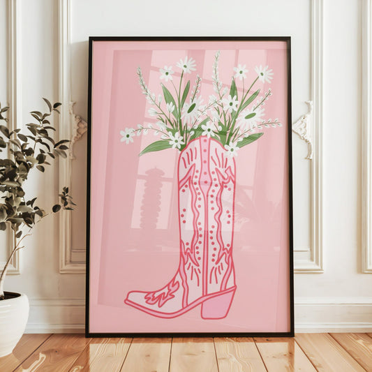 The artwork features a charming, whimsical illustration of a pink cowboy boot