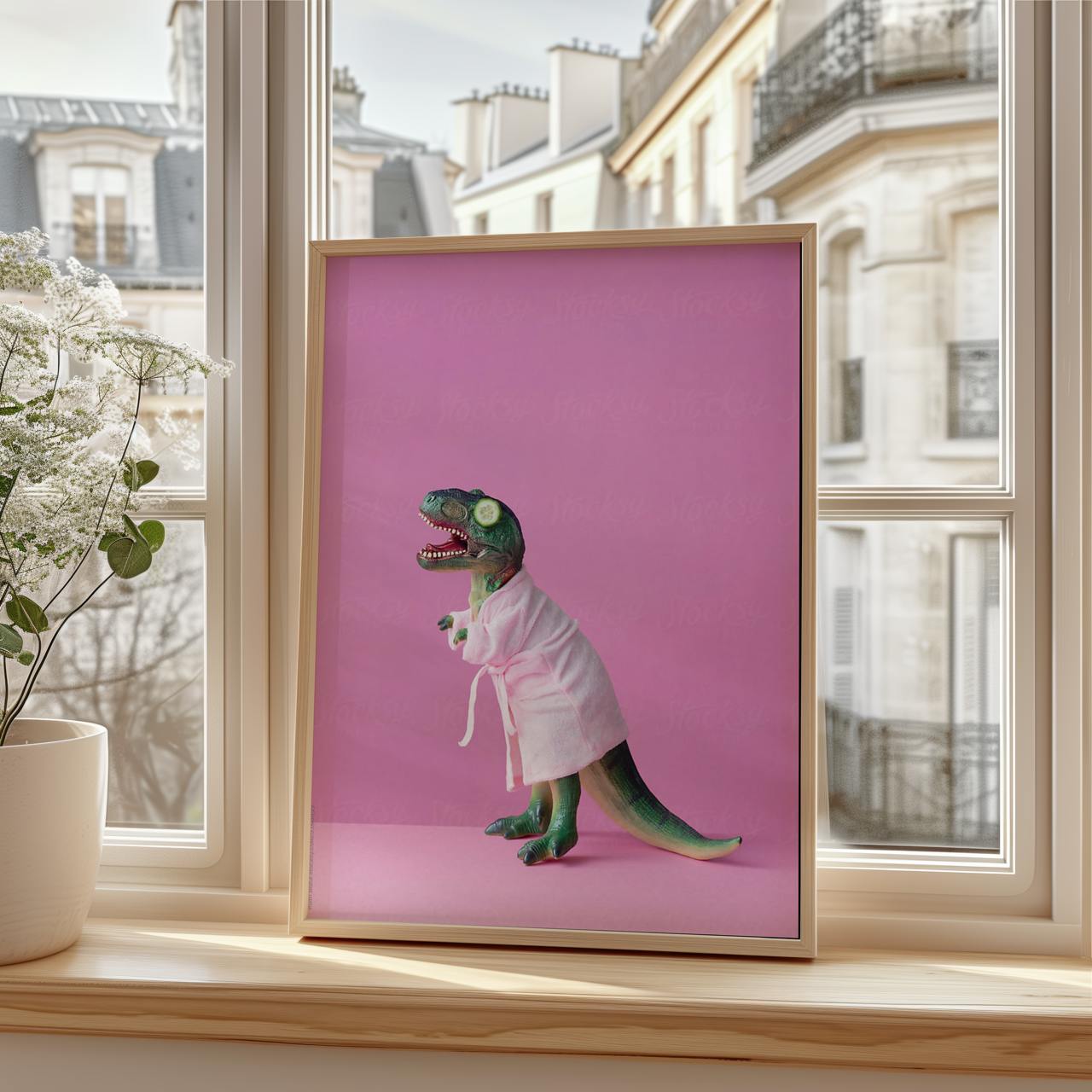 Framed picture of a dinosaur in a robe on a pink background, placed on a windowsill with a view of buildings.