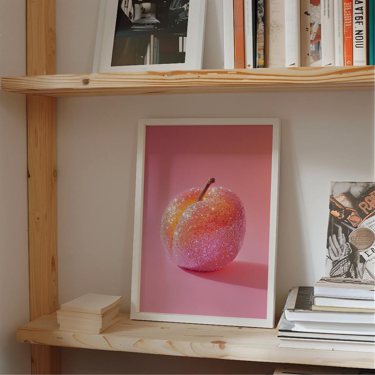 Framed picture of a pink apple on a wooden shelf with books
