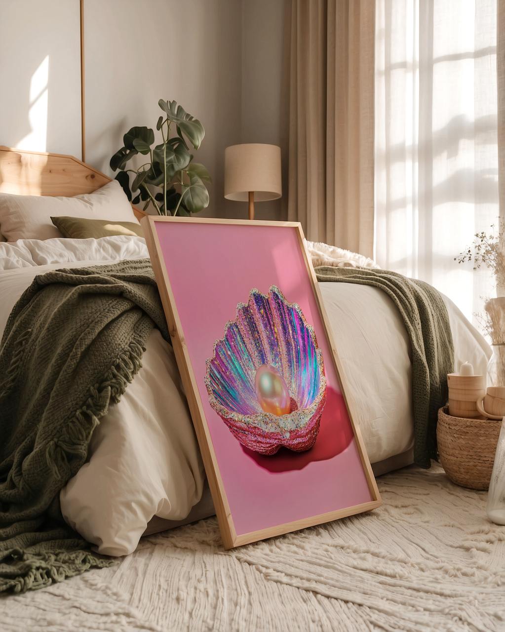 Framed artwork of a colorful shell with a pearl on a bedside table in a bedroom.