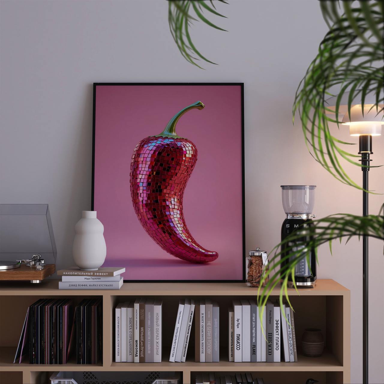 Framed artwork of a red chili pepper on a bookshelf with decorative items.