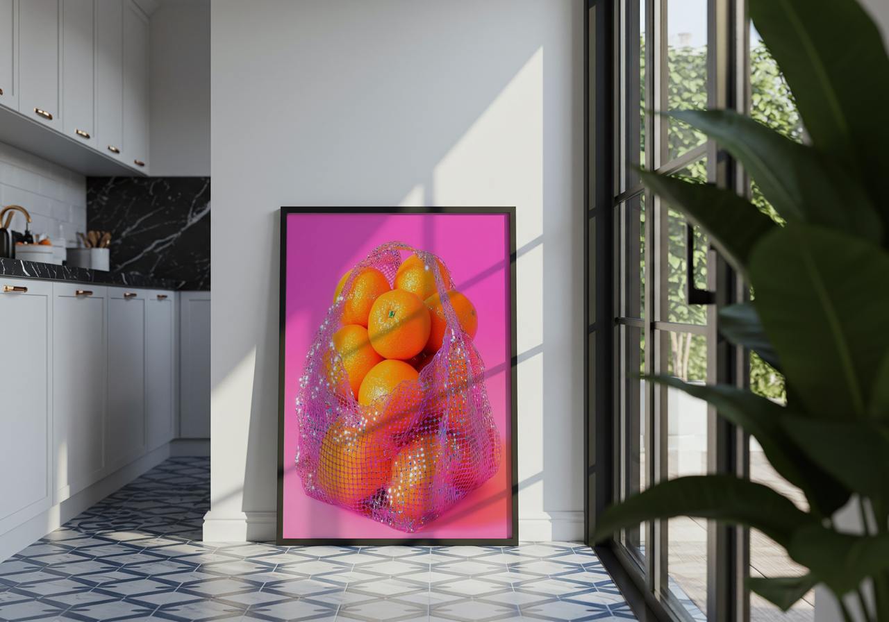 Framed artwork of oranges in a pink bag on a wall in a modern kitchen.
