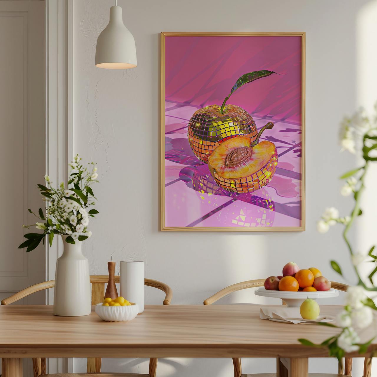 Dining room with a colorful abstract artwork of a disco ball apple on the wall.