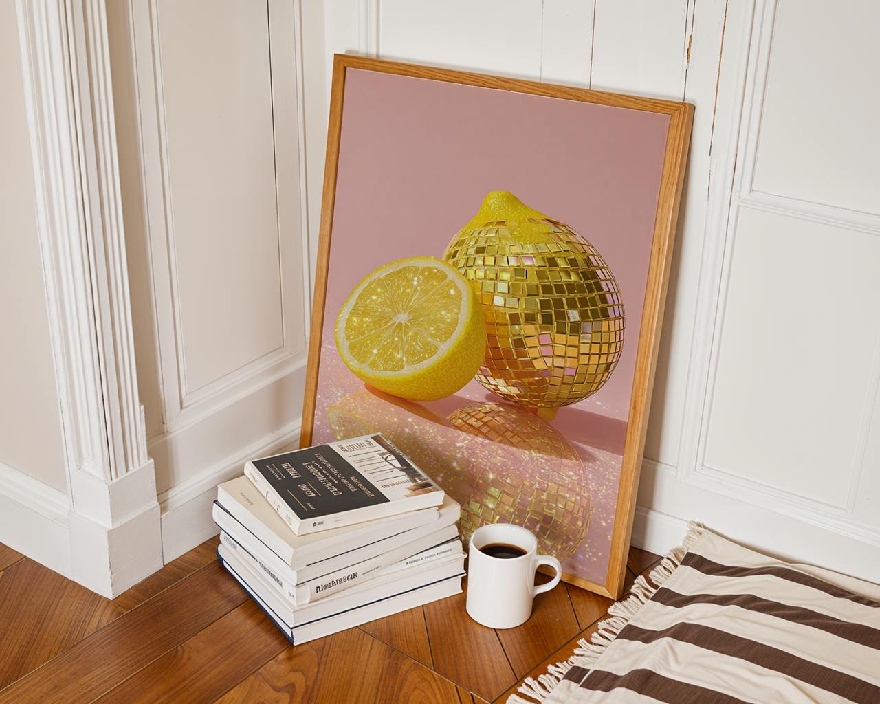 Framed artwork of a lemon and disco ball on a wall next to books and a coffee cup on a wooden floor.