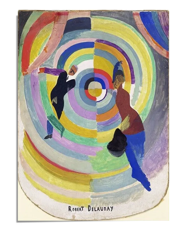 An abstract painting featuring two fragmented figures surrounded by swirling, colorful concentric circles. The figures, one in a dark suit and the other in red and blue, appear in dynamic motion, immersed in a vibrant vortex of color. The bold geometric forms and striking hues create an intense sense of energy and abstraction.