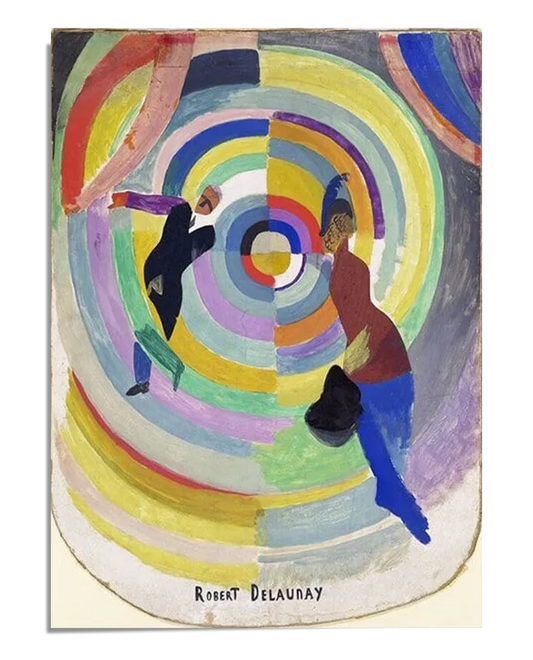 An abstract painting featuring two fragmented figures surrounded by swirling, colorful concentric circles. The figures, one in a dark suit and the other in red and blue, appear in dynamic motion, immersed in a vibrant vortex of color. The bold geometric forms and striking hues create an intense sense of energy and abstraction.
