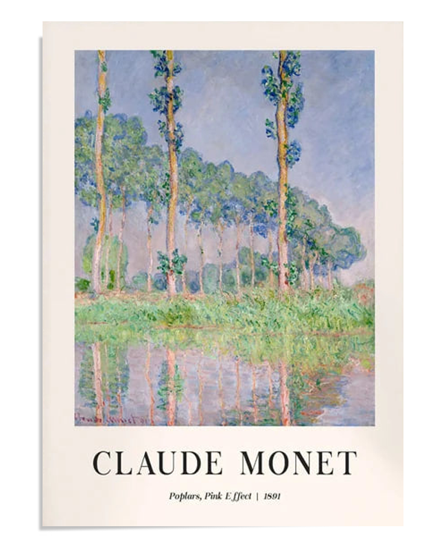 A beautiful landscape painting by Claude Monet featuring poplar trees beside a tranquil body of water, with soft reflections and a "pink effect" created by warm, glowing light. The delicate brushwork and colors evoke a peaceful and serene atmosphere, making this painting a perfect addition to any home, office, or gallery. Ideal for those who appreciate Impressionist art and nature-inspired decor.