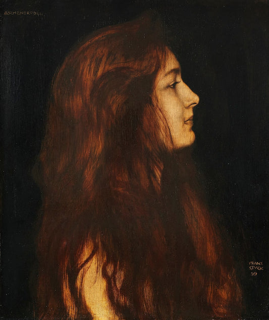 A portrait painting of a young woman with long, wavy red hair cascading down her back and shoulders. She is shown in profile, gazing forward with a serene expression. The background is dark and contrasts with the warm tones of her hair and skin, emphasizing the luminosity and texture of the painting. The artist's signature appears in the lower right corner.