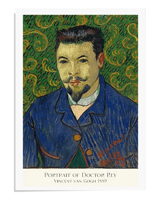 A Post-Impressionist portrait of Dr. Félix Rey, with vivid green and blue tones highlighting his figure. The background features swirling brushstrokes in contrasting colors, adding vibrancy and energy to the composition. Dr. Rey’s features are captured with expressive detail, giving the painting a sense of movement and life.