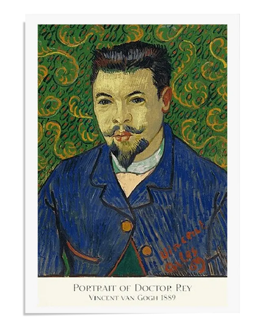 A Post-Impressionist portrait of Dr. Félix Rey, with vivid green and blue tones highlighting his figure. The background features swirling brushstrokes in contrasting colors, adding vibrancy and energy to the composition. Dr. Rey’s features are captured with expressive detail, giving the painting a sense of movement and life.