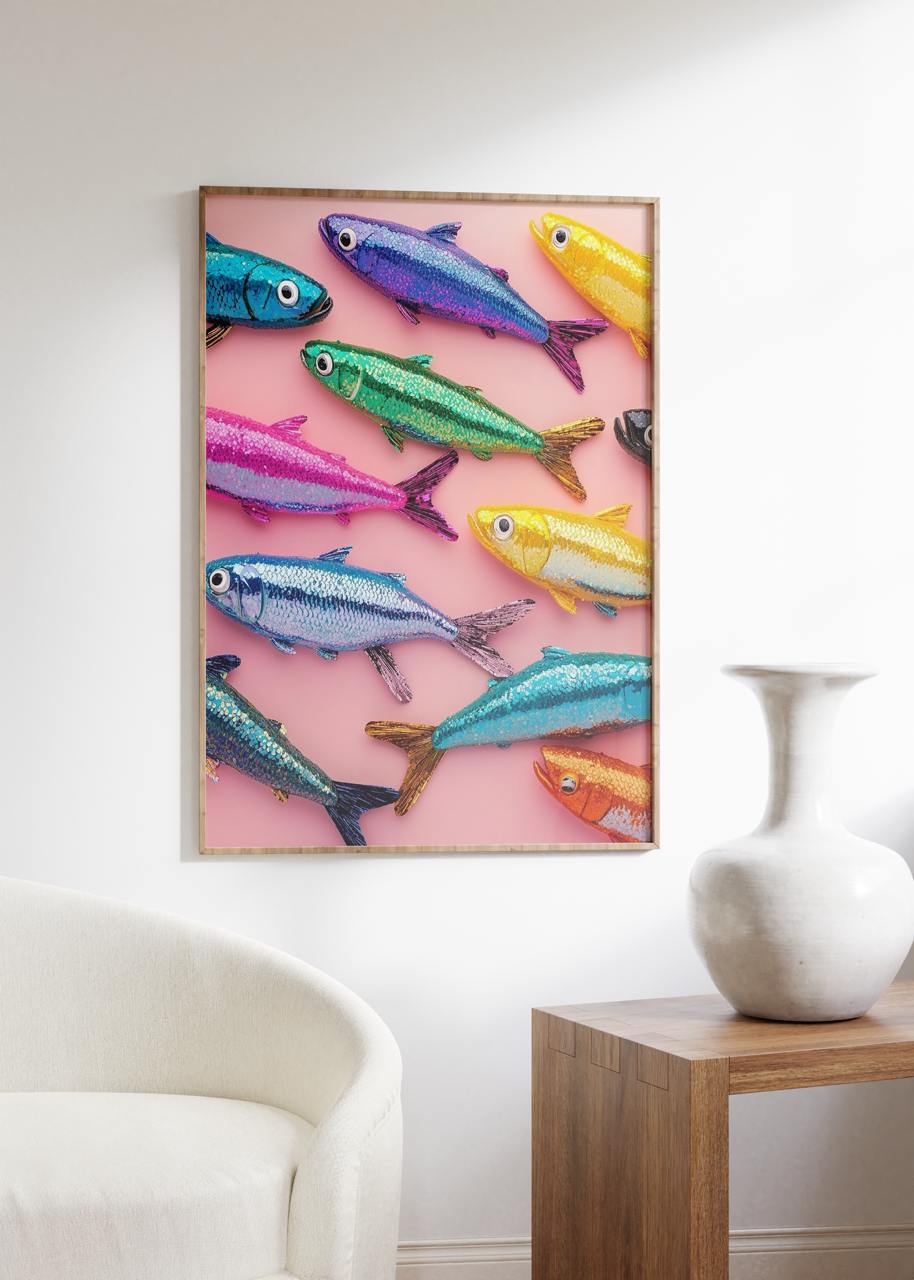 Framed artwork of colorful fish on a pink background in a living room setting.