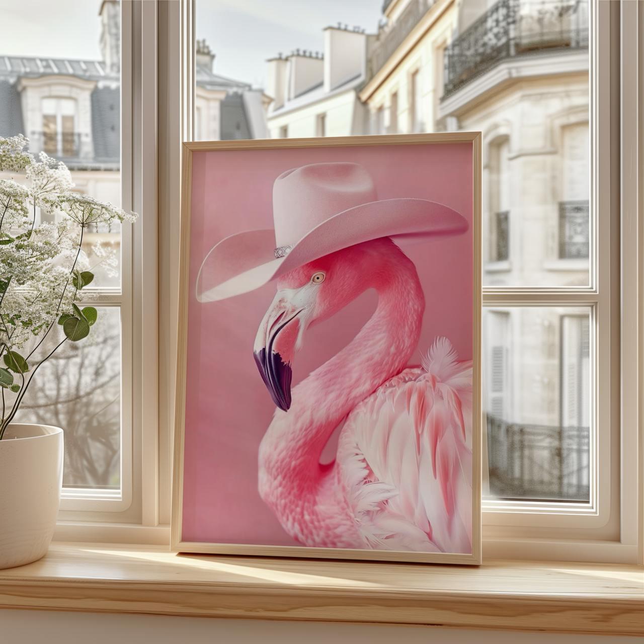 Framed artwork of a pink flamingo wearing a cowboy hat on a windowsill.