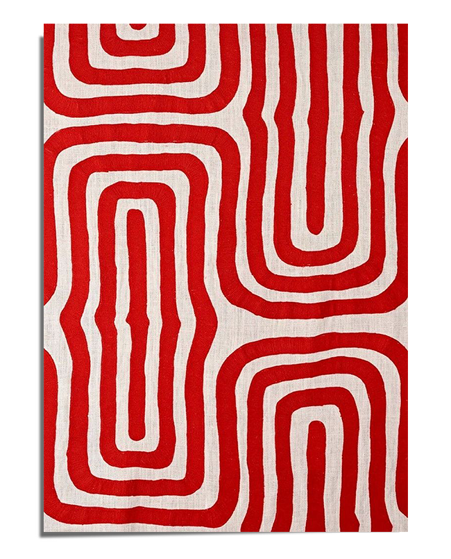 A modern abstract design featuring bold red geometric patterns resembling interconnected maze-like shapes, set against a neutral beige background with a subtle textured effect. The repetitive organic forms create a sense of movement and structure, making this a striking yet minimalist artwork.