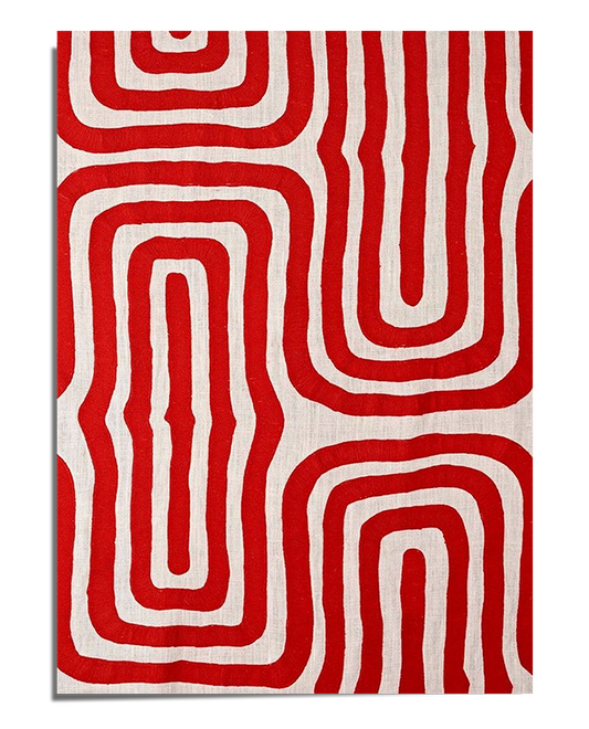 A modern abstract design featuring bold red geometric patterns resembling interconnected maze-like shapes, set against a neutral beige background with a subtle textured effect. The repetitive organic forms create a sense of movement and structure, making this a striking yet minimalist artwork.