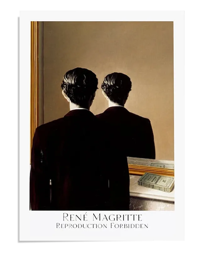 A surrealist painting featuring a man in a dark suit, standing with his back to the viewer in front of a mirror. In the reflection, the man is facing away from the mirror, looking at the back of his own head. A book labeled "Reproduction Forbidden" sits on the table beneath the mirror, creating a thought-provoking and paradoxical scene.